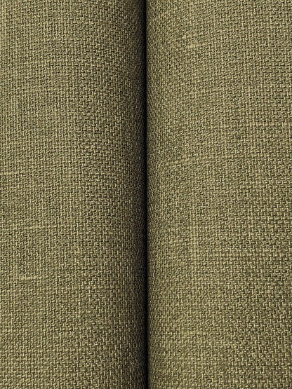 Close-up of olive-green woven fabric with a tight canvas-like texture; upholstery style.