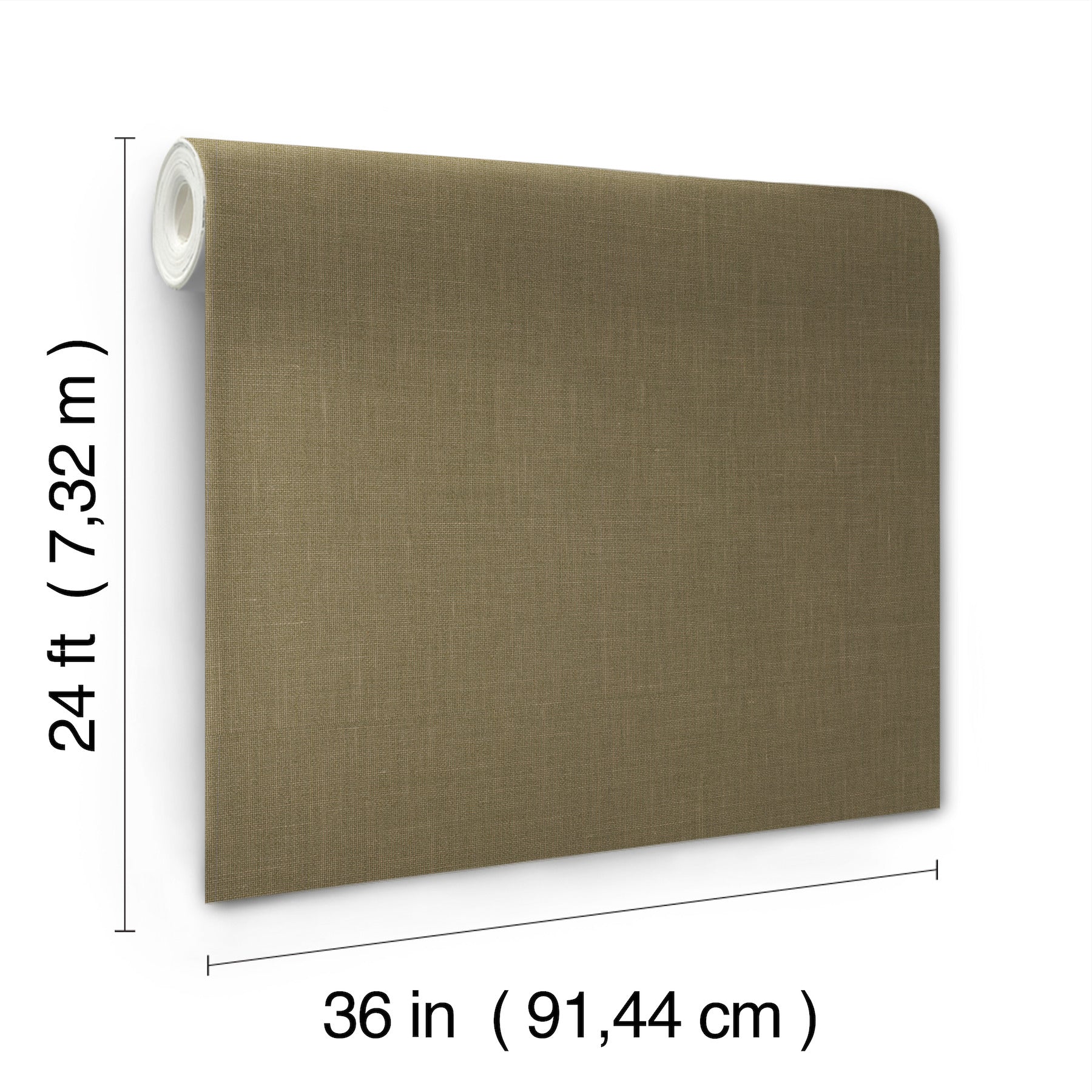 Beige linen-textured fabric panel with left-edge roll, 24 ft tall by 36 in wide.