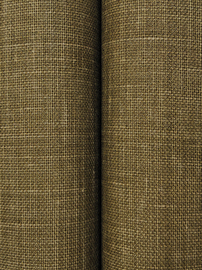 Olive-brown woven fabric close-up with coarse linen texture and a vertical seam between panels.