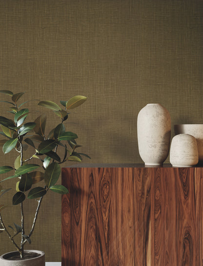 Dark wood cabinet with cream ceramic vases and a leafy plant against an olive textured wall.