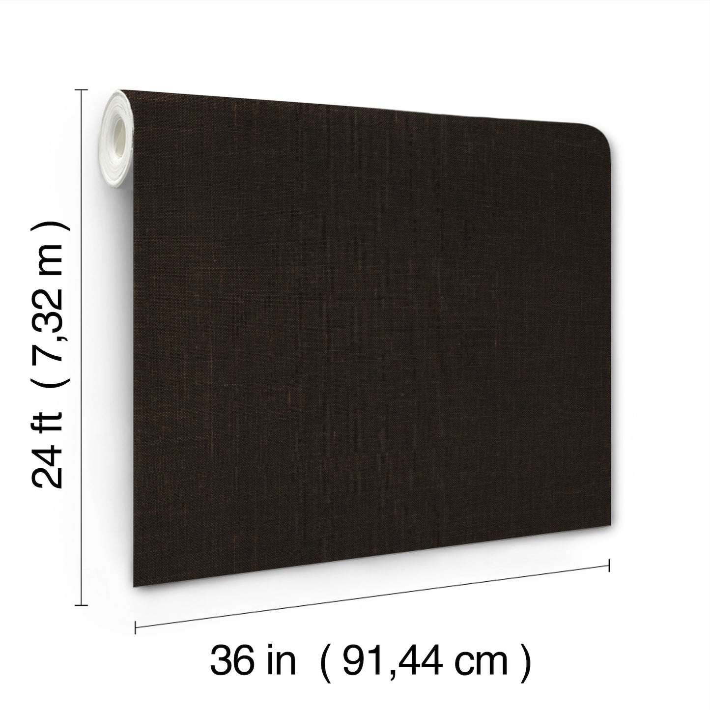 Dark brown jute-weave wallpaper with grasscloth texture, 36 in wide by 24 ft tall.