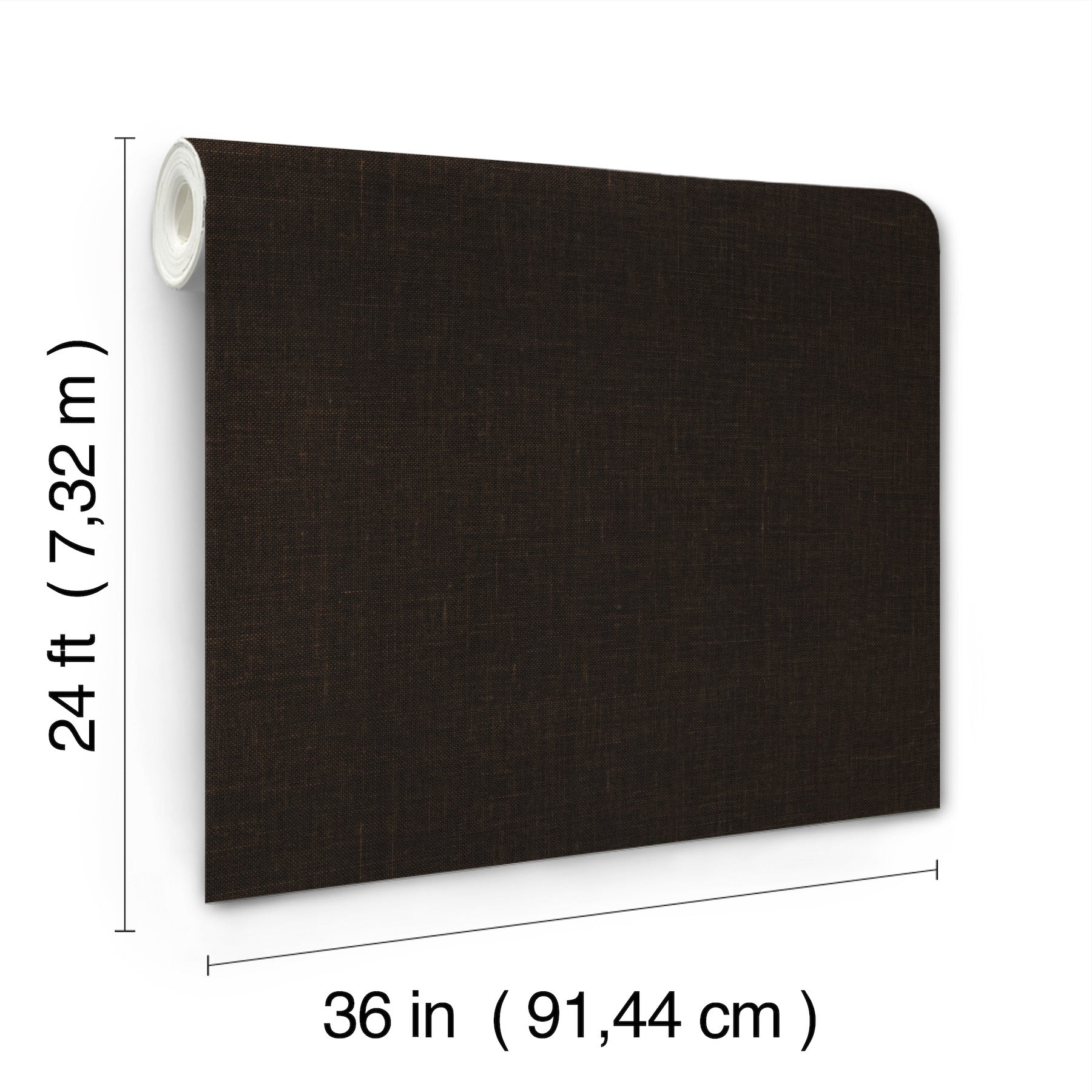 Dark brown jute-weave wallpaper with grasscloth texture, 36 in wide by 24 ft tall.