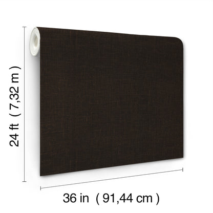 Dark brown jute-weave wallpaper with grasscloth texture, 36 in wide by 24 ft tall.