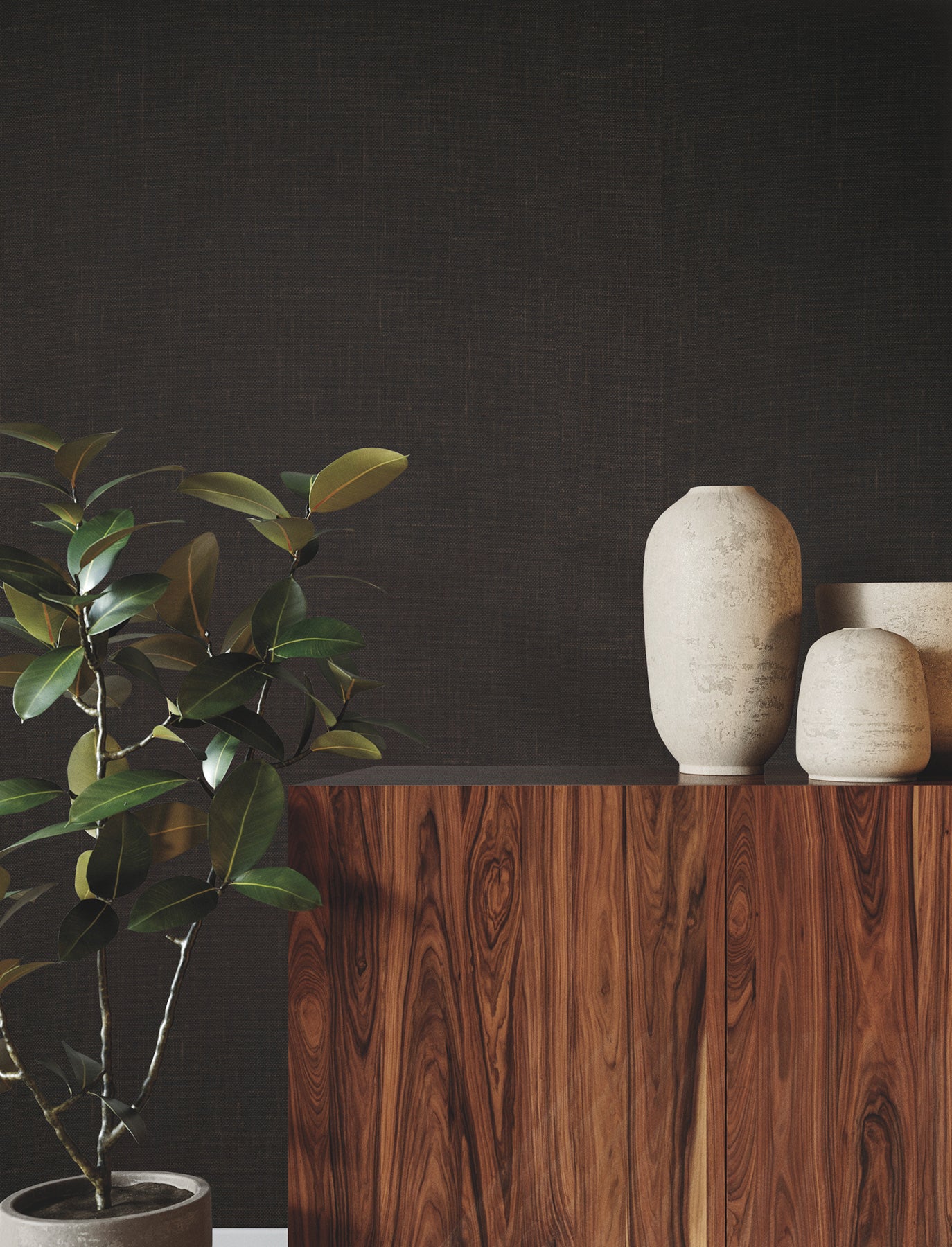 Dark charcoal wall with a walnut wood cabinet, tall beige ceramic vases, and a leafy potted plant on the left.