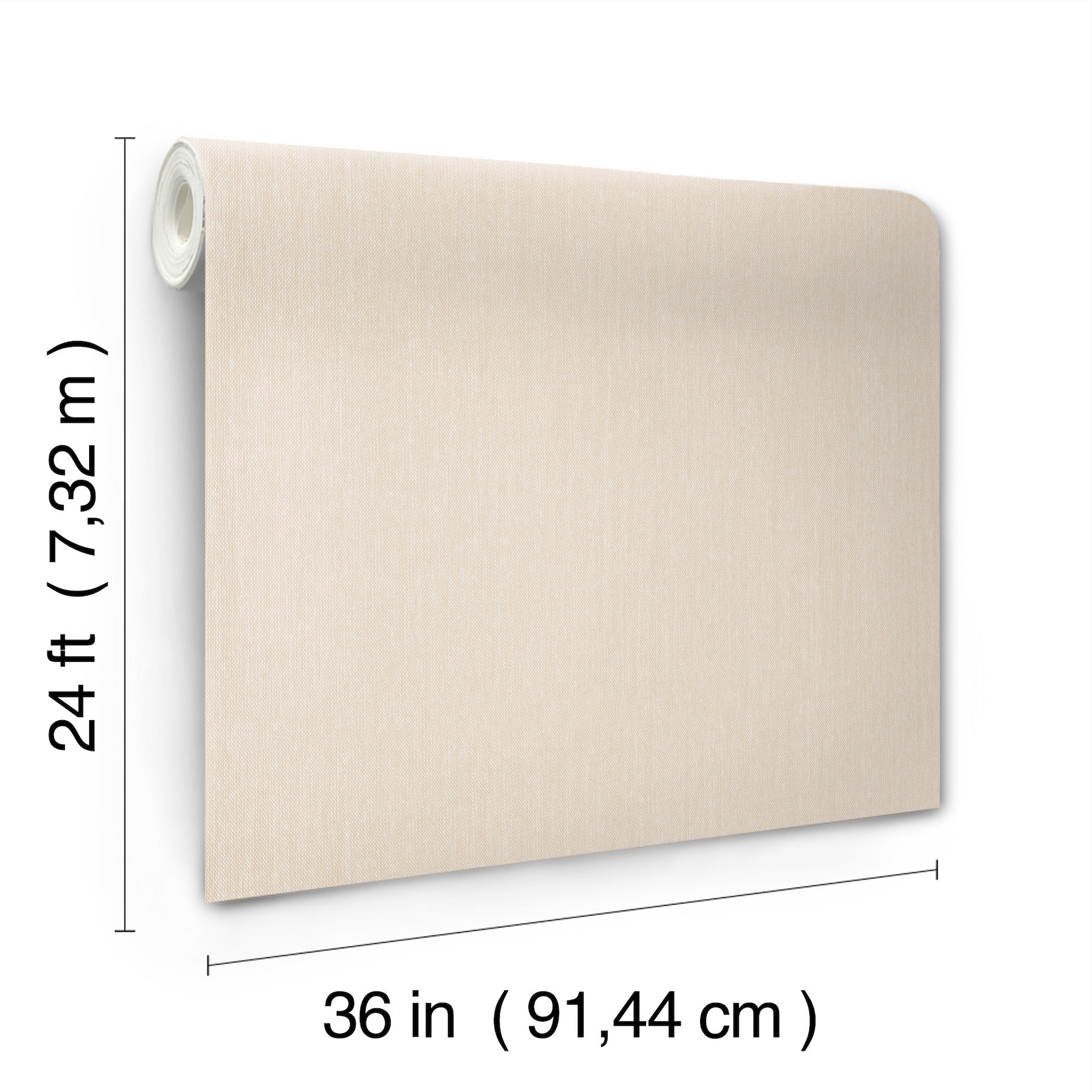 Beige linen-textured wallpaper roll, 36 in wide by 24 ft long, wall covering.