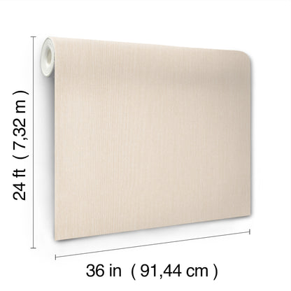 Beige linen-textured wallpaper roll, 36 in wide by 24 ft long, wall covering.
