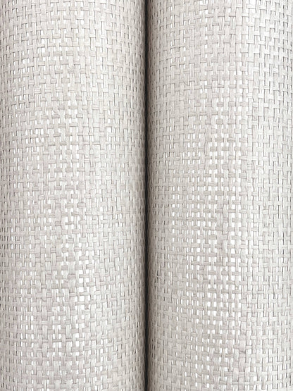 Silver gray paperweave wallpaper close-up; airy woven texture with two rolled panels side by side.