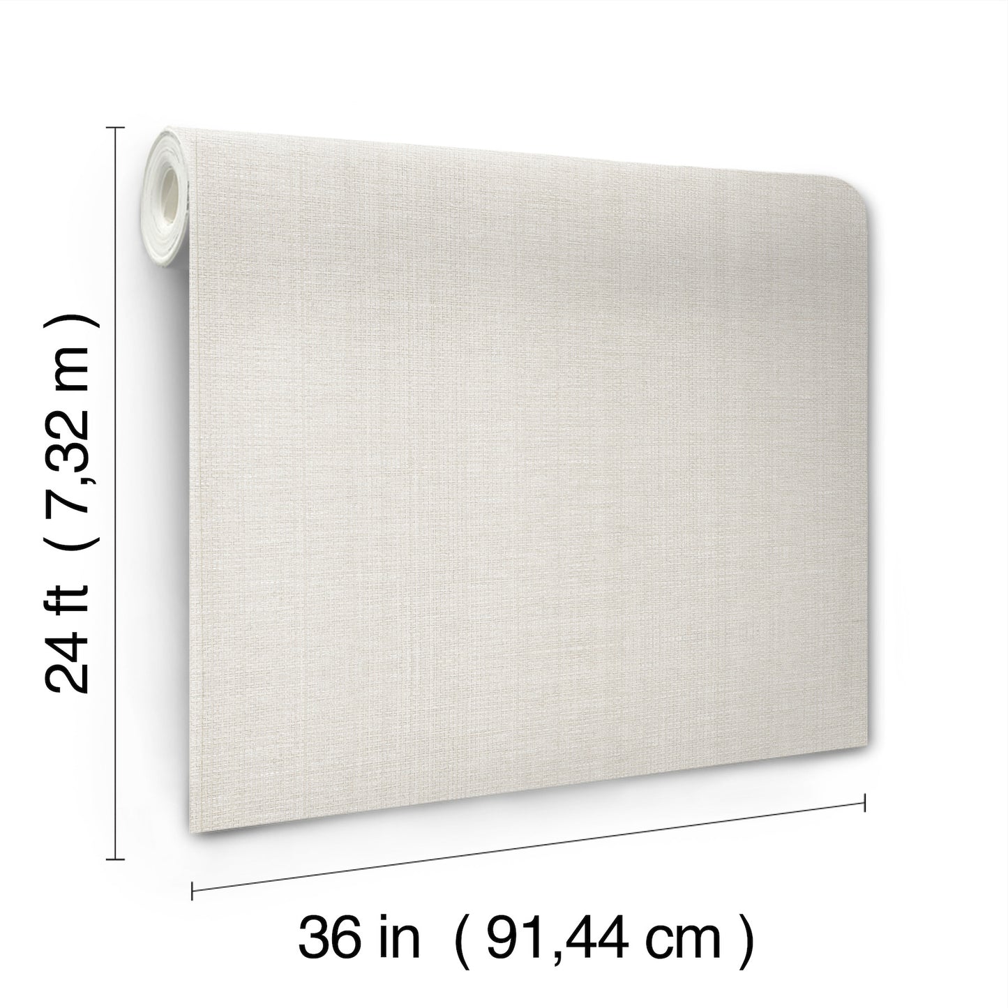 Beige linen-textured wallcovering panel, 24 ft by 36 in, roll edge visible, soft neutral decor.