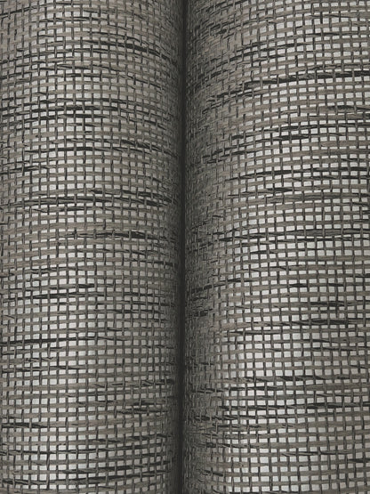 Close-up of two gray grid-patterned Paperweave wallpaper swatches.