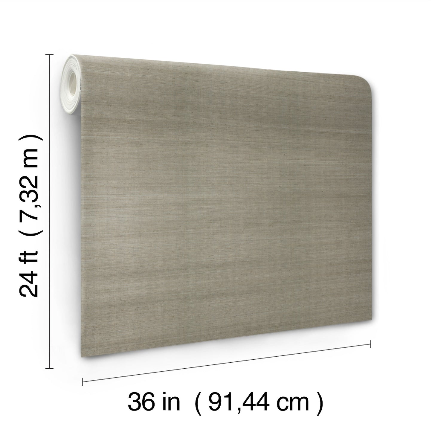 Beige linen-textured wallpaper roll mounted flat; 36 in wide by 24 ft long.