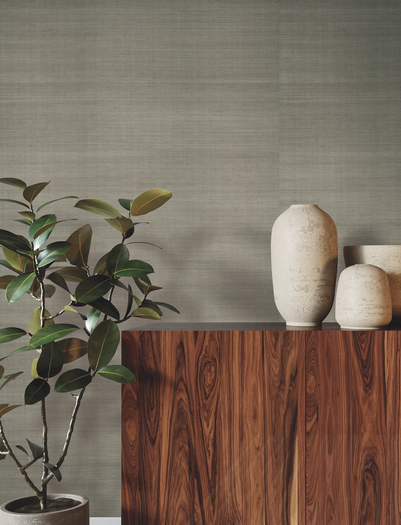 Feathered grasscloth wallpaper in natural tones covering the wall; subtle, textured wall finish.