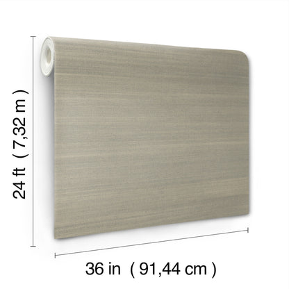 Beige textured wallpaper roll with woven pattern, 36 in wide by 24 ft long, roll shown on wall.