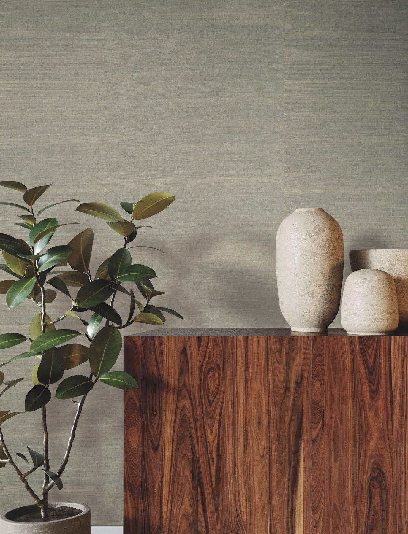 Gray textured grasscloth wallpaper in sea mist tones.