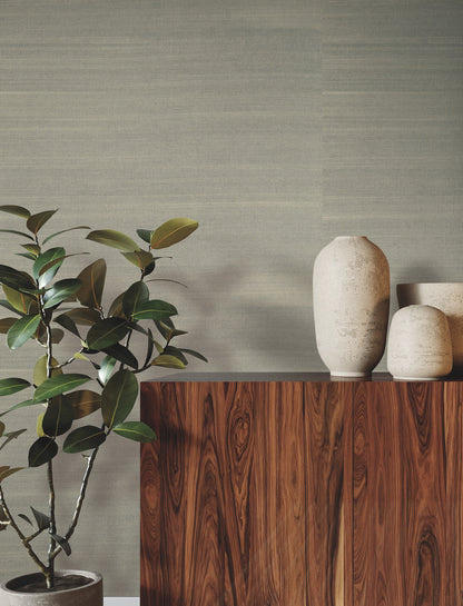 Gray textured grasscloth wallpaper in sea mist tones.