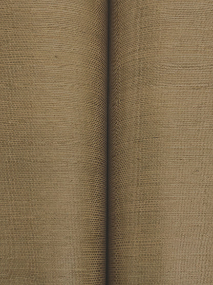 Two beige toffee grasscloth wallpaper rolls with a chunky woven texture; natural rustic close-up.
