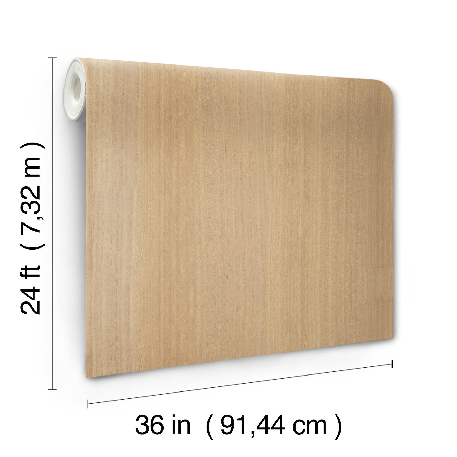 Light honey wood-grain veneer wallpaper on a roll, 36 in wide by 24 ft long.
