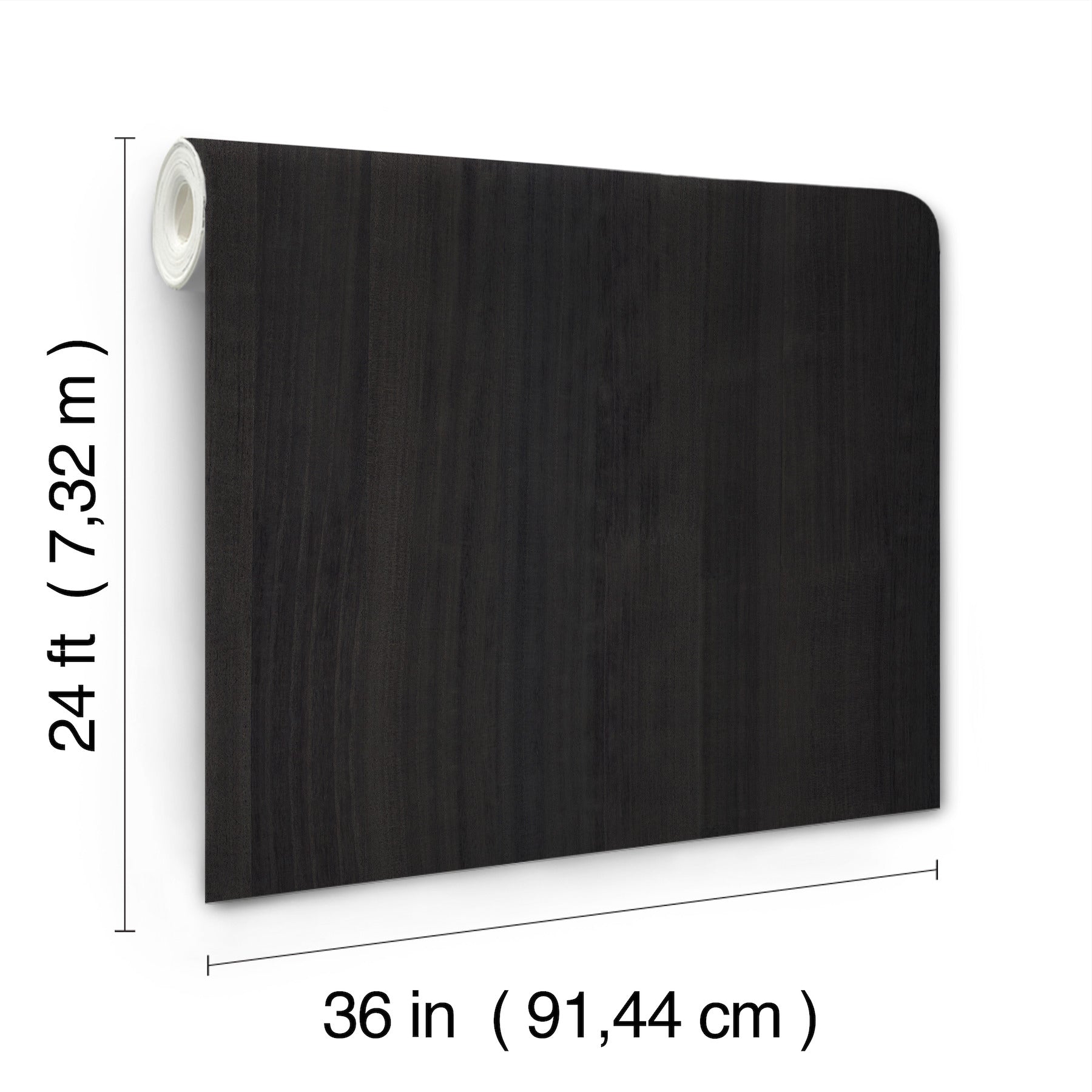 Dark wood veneer wallpaper texture with a white roller on the left; 36 in wide by 24 ft tall.