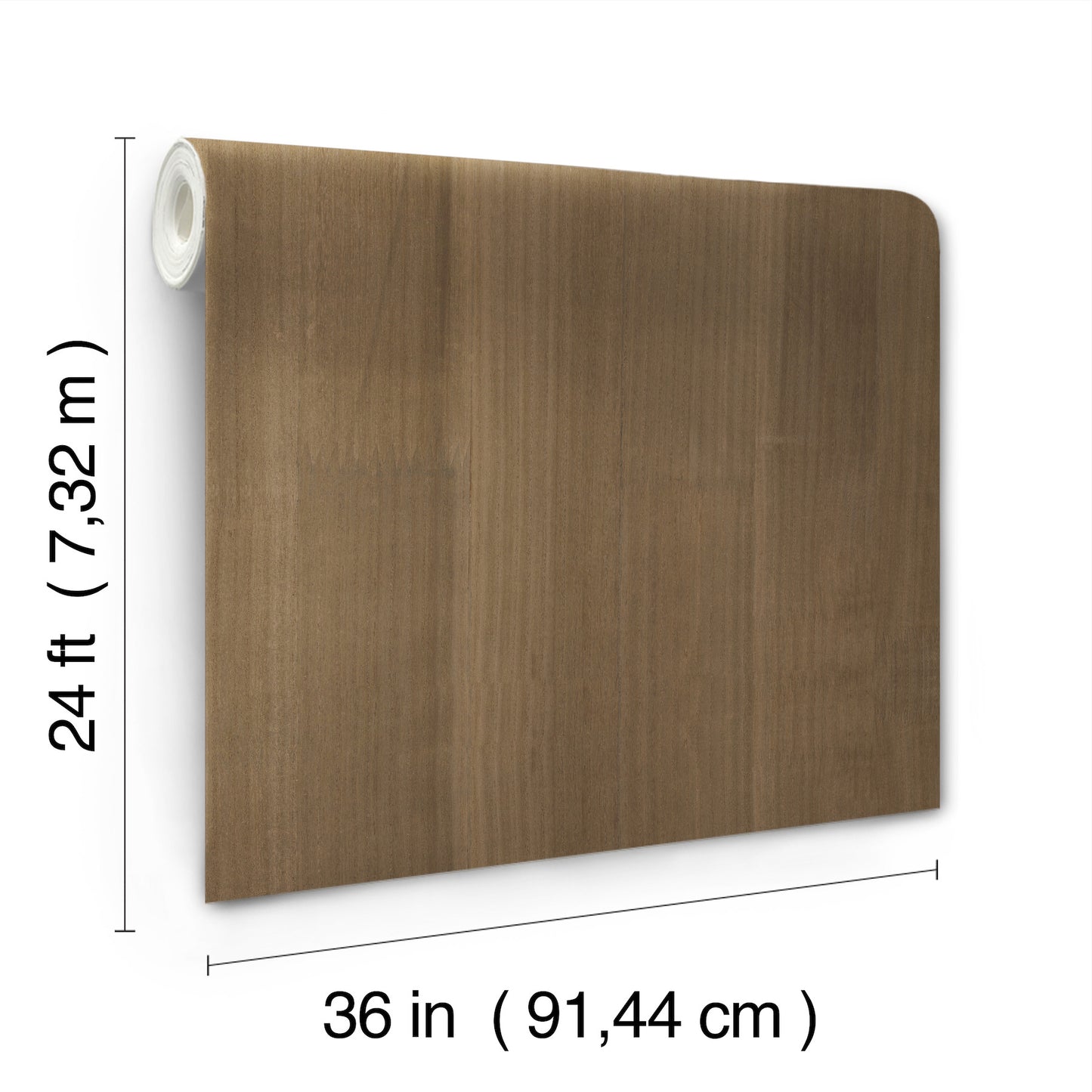 Brown wood-grain oak-veneer wallpaper; dimensions 24 ft by 36 in.