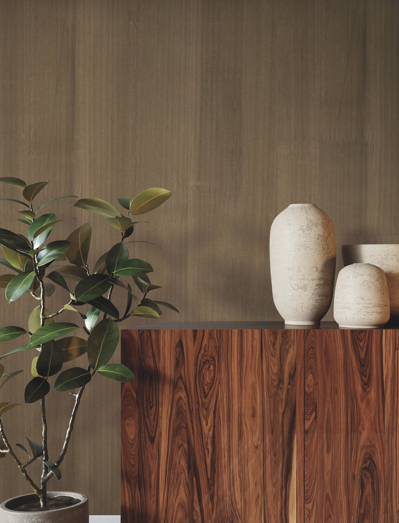 Walnut wood cabinet with dark grain, tall white ceramic vases on top, and a leafy potted plant in a warm neutral room.