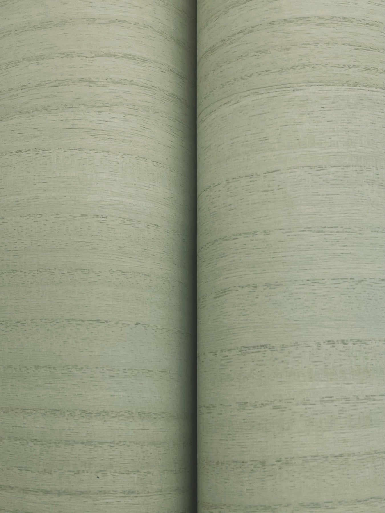 Close-up of two pale sage green textured wallpaper panels with subtle horizontal grain and a center seam.