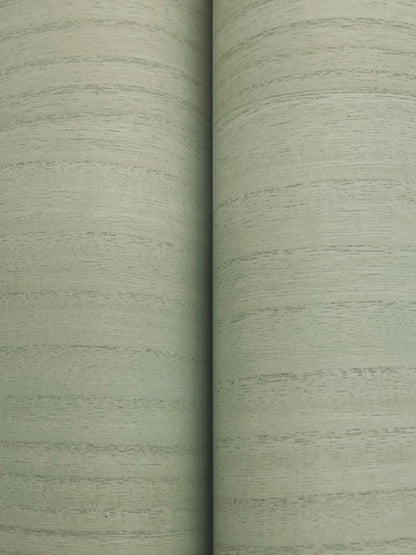 Close-up of two pale sage green textured wallpaper panels with subtle horizontal grain and a center seam.