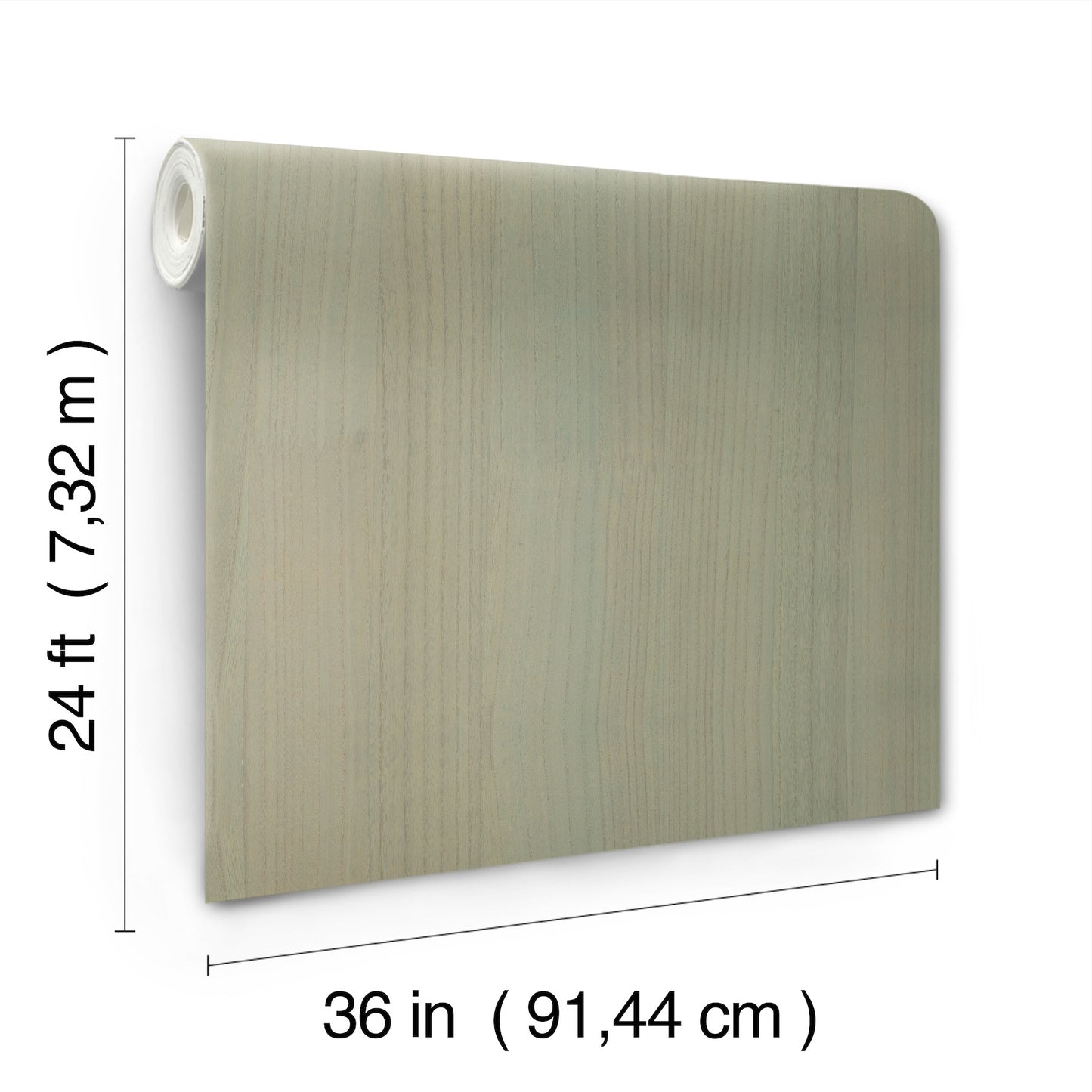 Beige-green wood-grain wallpaper roll, vinyl finish, 36in wide by 24ft long.