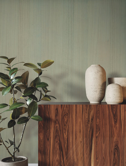 Dark wood sideboard with tall white ceramic vases and a leafy houseplant against a sage-green wall.