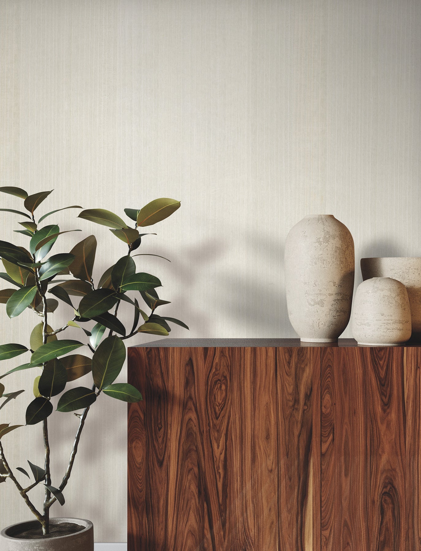 Dark wood sideboard & beige ceramic vases & a leafy plant against a pale wall; Magnolia wood veneer wallpaper design.