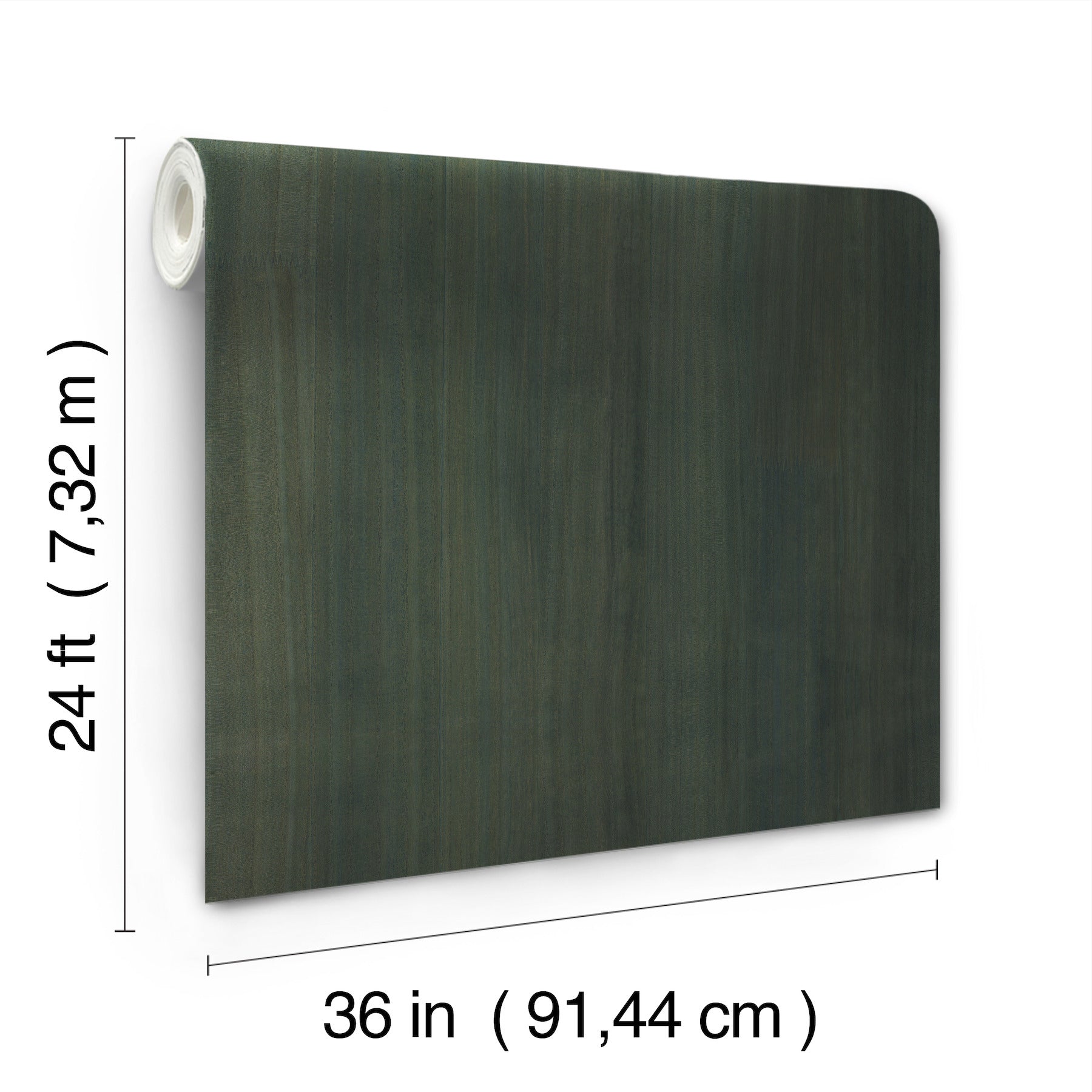 Dark green wood-grain vinyl wallpaper panel, 36 in wide & 24 ft long, rolled with white core.