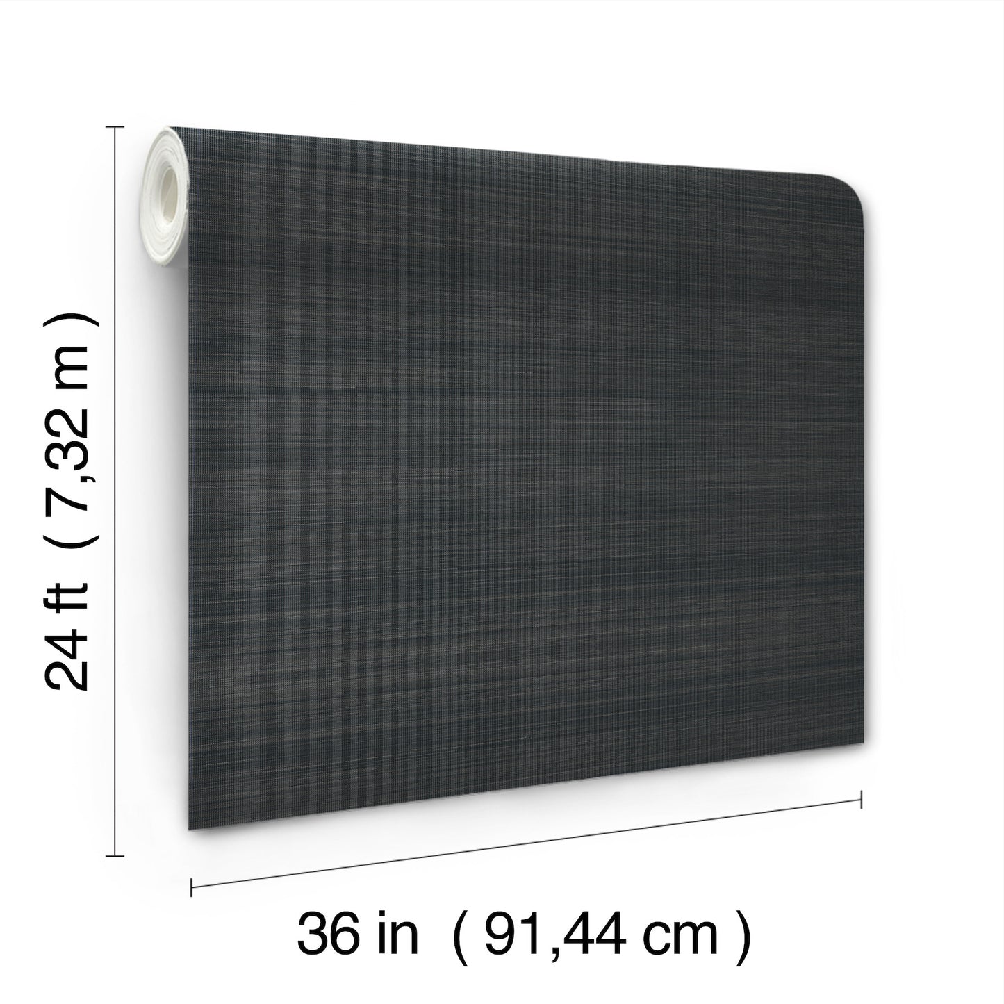 Dark charcoal wallpaper with a subtle natural-fiber texture; white roll core visible at top-left; 36 in wide by 24 ft long.
