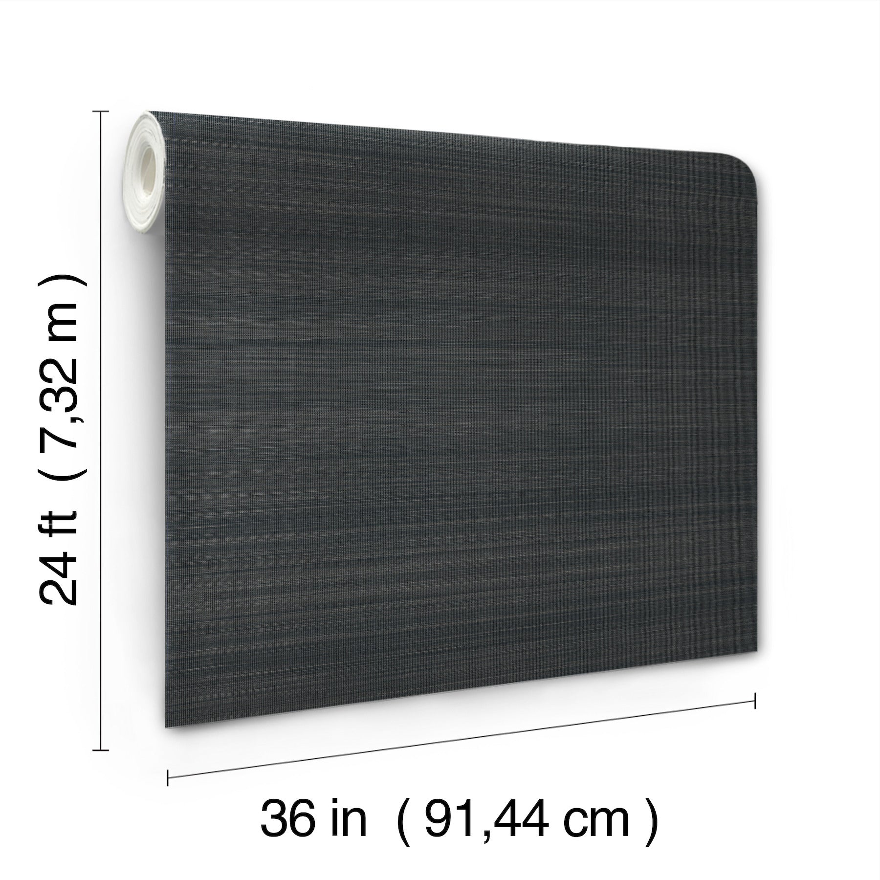 Dark charcoal wallpaper with a subtle natural-fiber texture; white roll core visible at top-left; 36 in wide by 24 ft long.