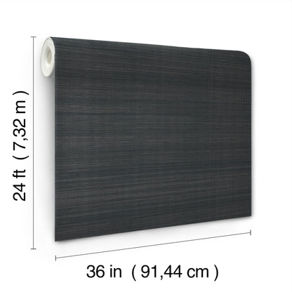 Dark charcoal wallpaper with a subtle natural-fiber texture; white roll core visible at top-left; 36 in wide by 24 ft long.