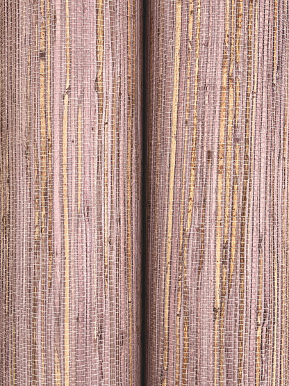 Close-up of mauve woven fabric with slim gold metallic vertical stripes; two fabric rolls side by side.