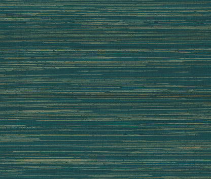 Teal woven fabric with fine metallic gold horizontal brushstroke lines; modern striped texture for upholstery or drapery.
