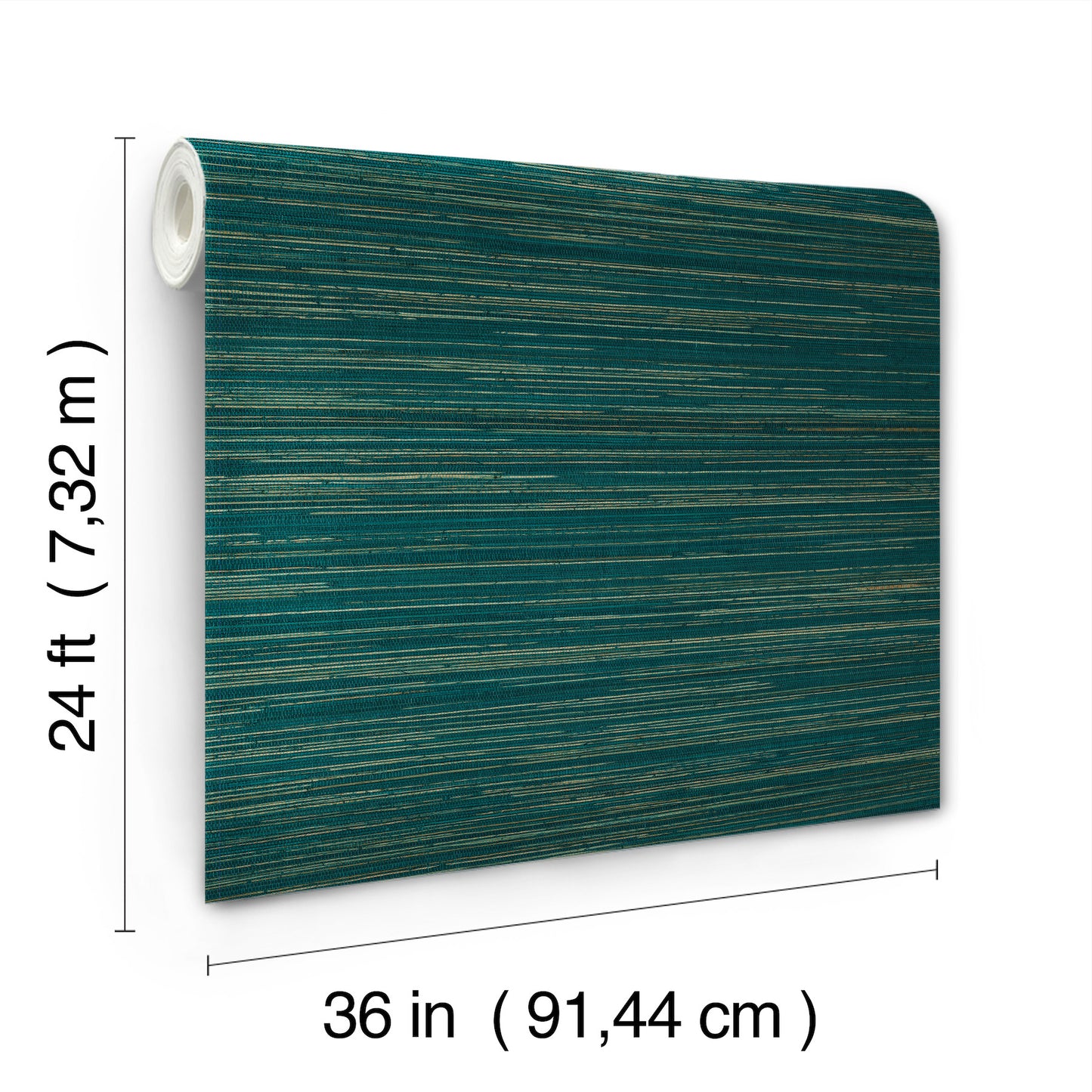 Teal textured wallpaper with gold streaks, rolled edge visible; 36in by 24ft wallcovering.