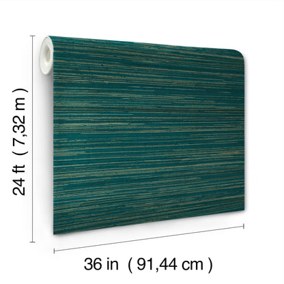Teal textured wallpaper with gold streaks, rolled edge visible; 36in by 24ft wallcovering.