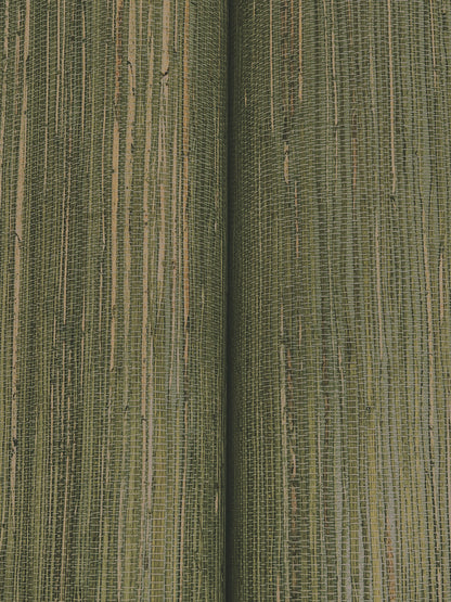 Close-up of olive green woven fabric with a central seam and narrow vertical ribbing.