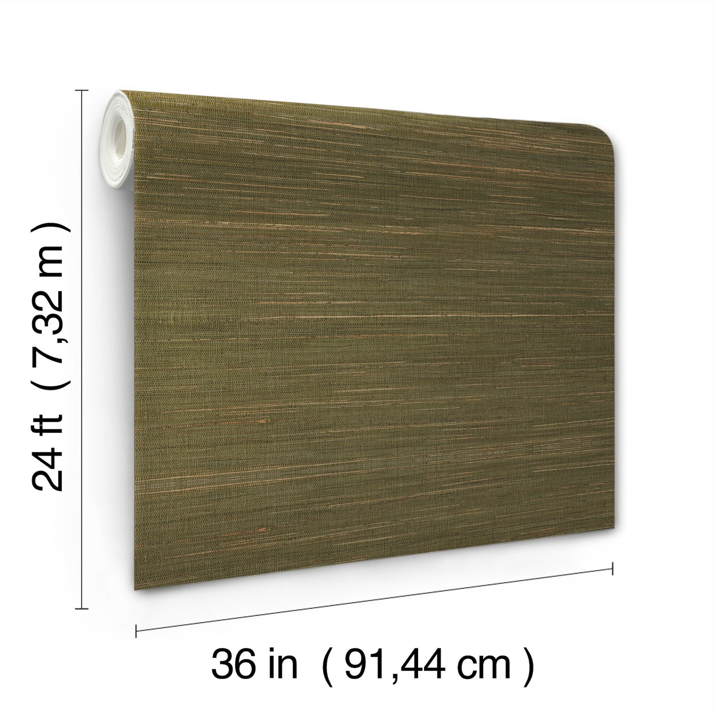 Olive-brown wood-grain wallpaper roll, 36 in wide by 24 ft long.