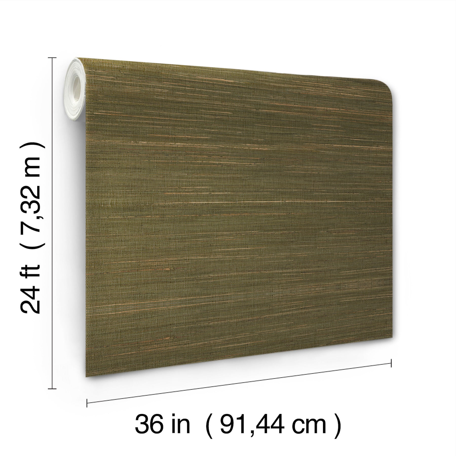 Olive-brown wood-grain wallpaper roll, 36 in wide by 24 ft long.