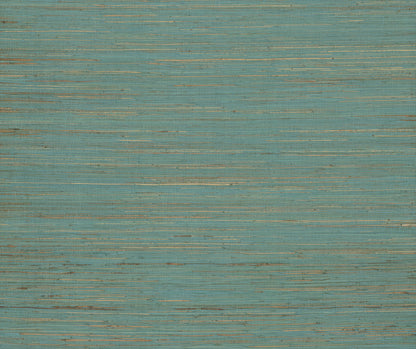 Aqua grasscloth wallpaper with natural hemp fibers and a woven texture, featuring subtle beige undertones.