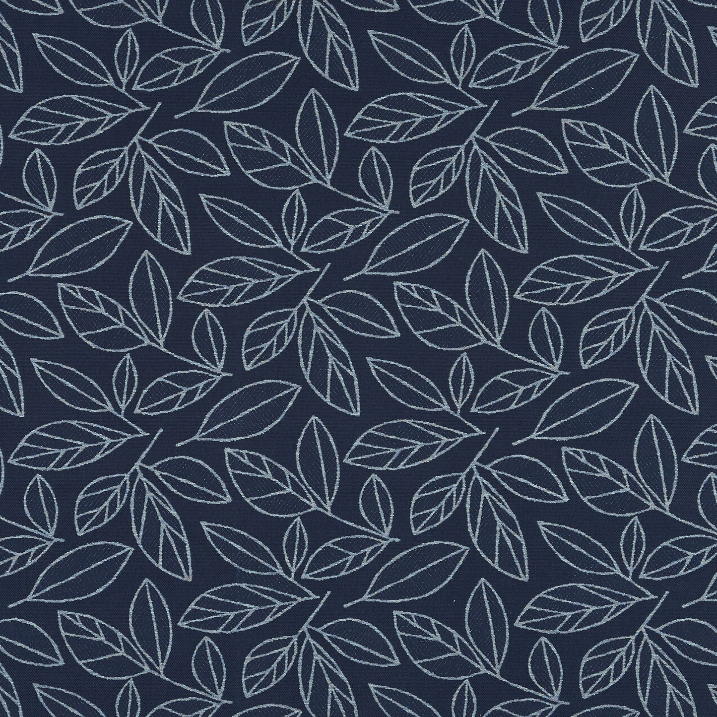 Navy blue fabric with a repeating light-blue foliage pattern.