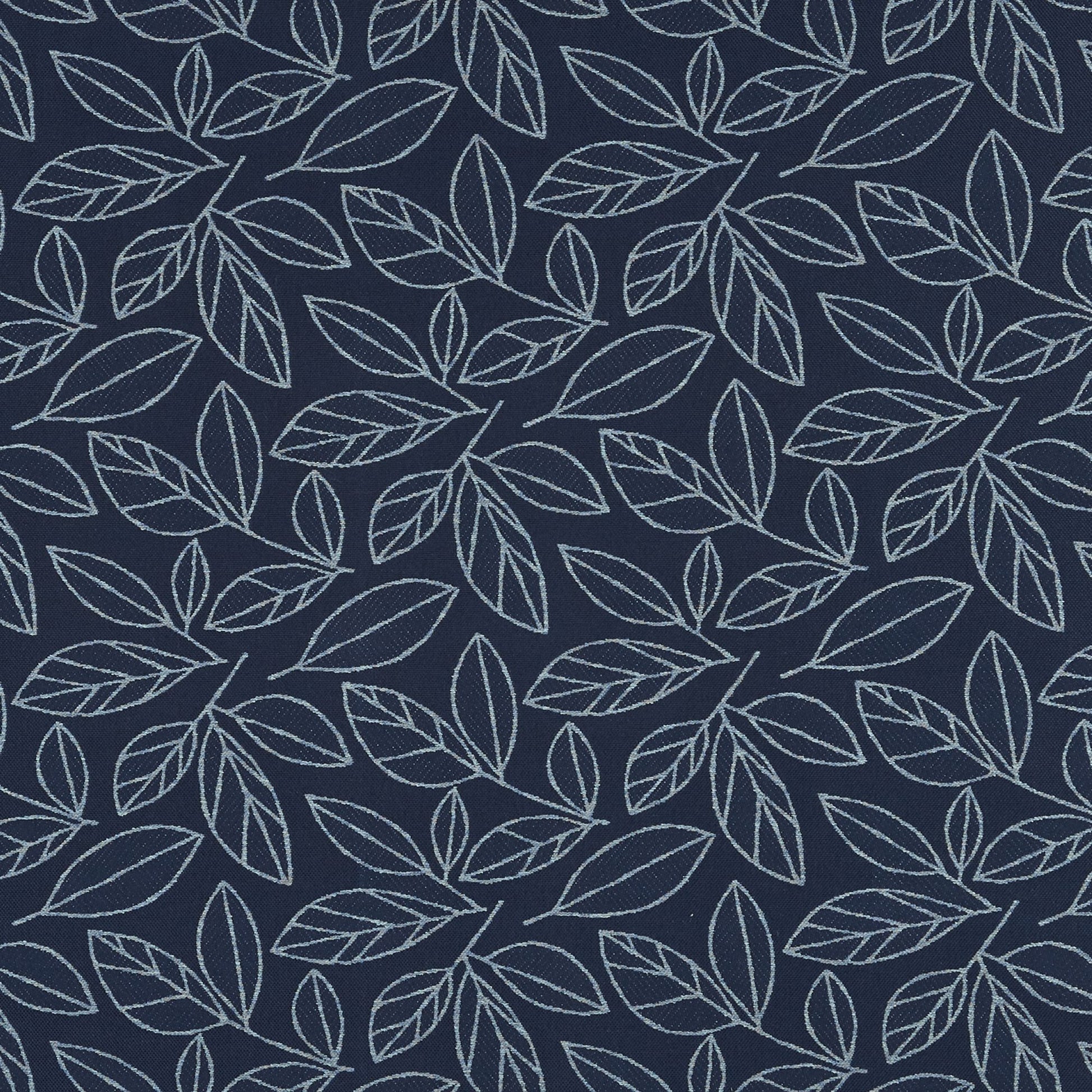 Navy blue fabric with a repeating light-blue foliage pattern.