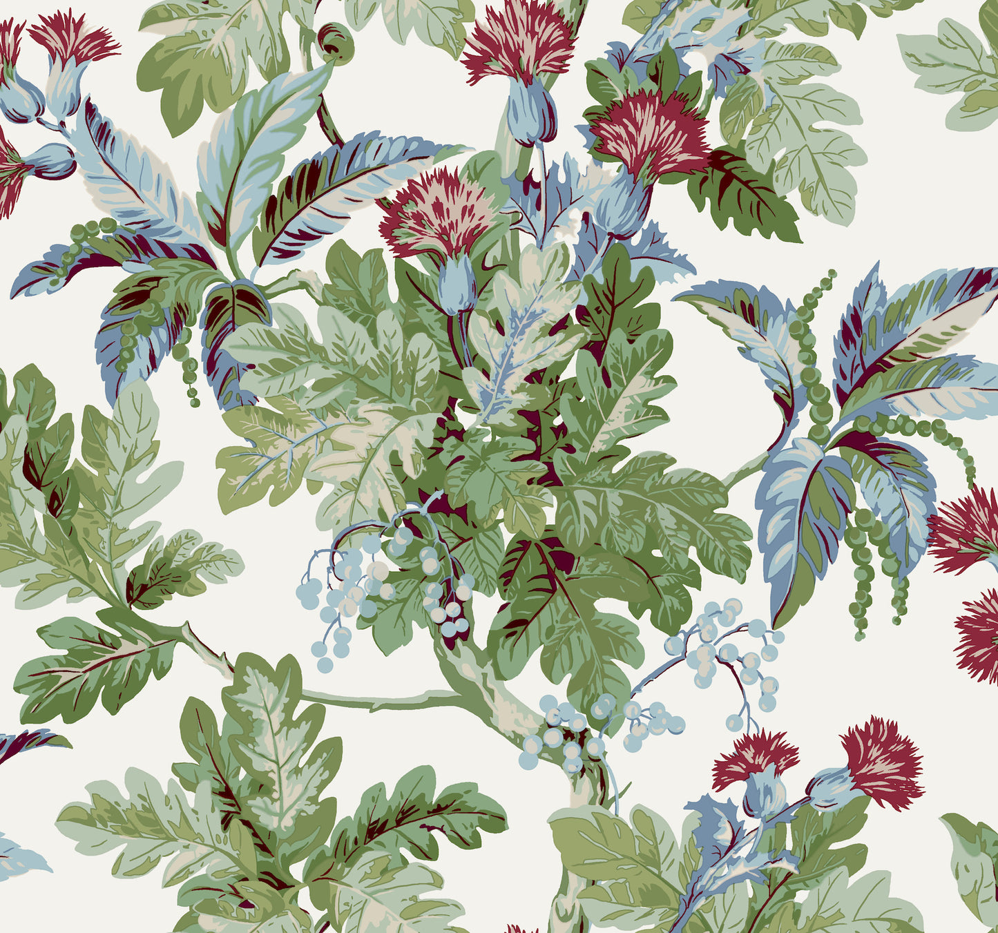 Botanical pattern with overlapping sage green and blue-green leaves and red-tipped flowers; vintage wallpaper print.