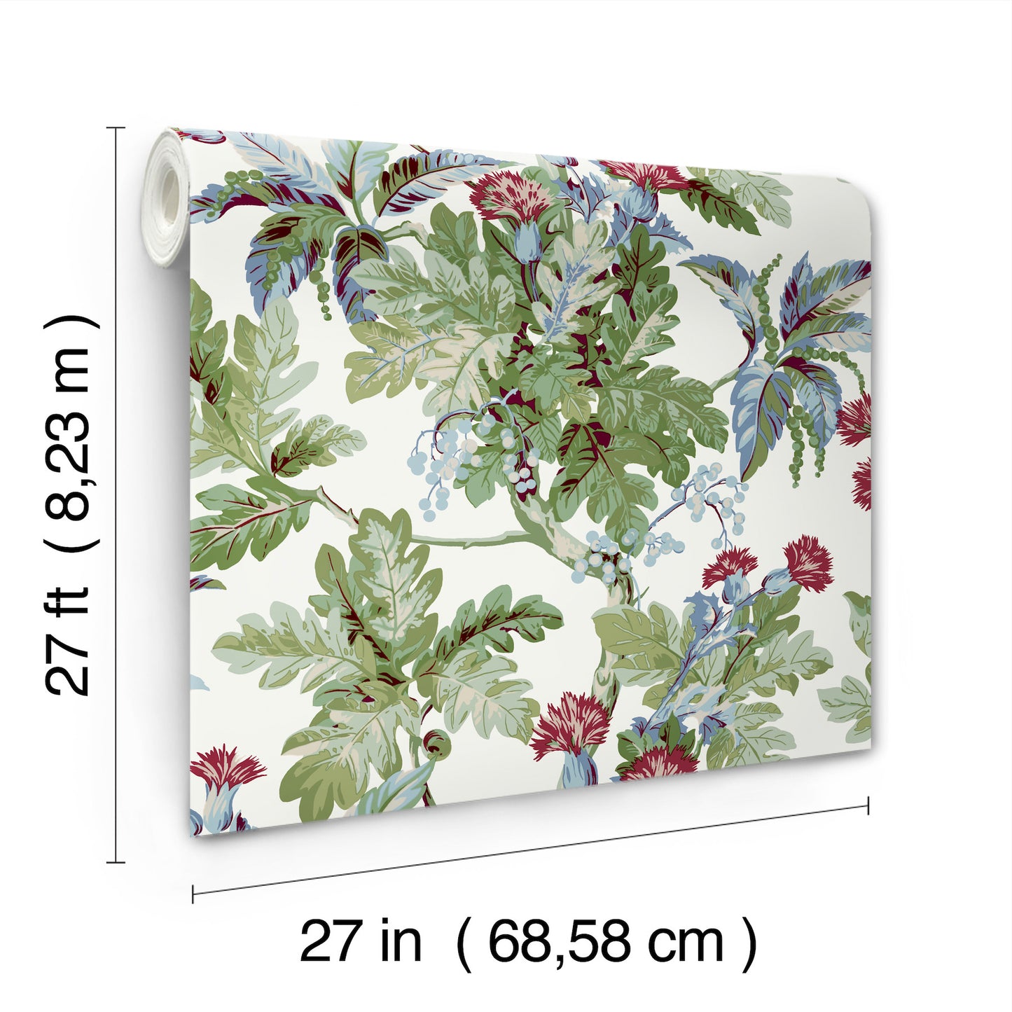 Botanical wallpaper roll with green, blue & red leaves on white background; 27 in wide by 27 ft long.