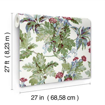 Botanical wallpaper roll with green, blue & red leaves on white background; 27 in wide by 27 ft long.