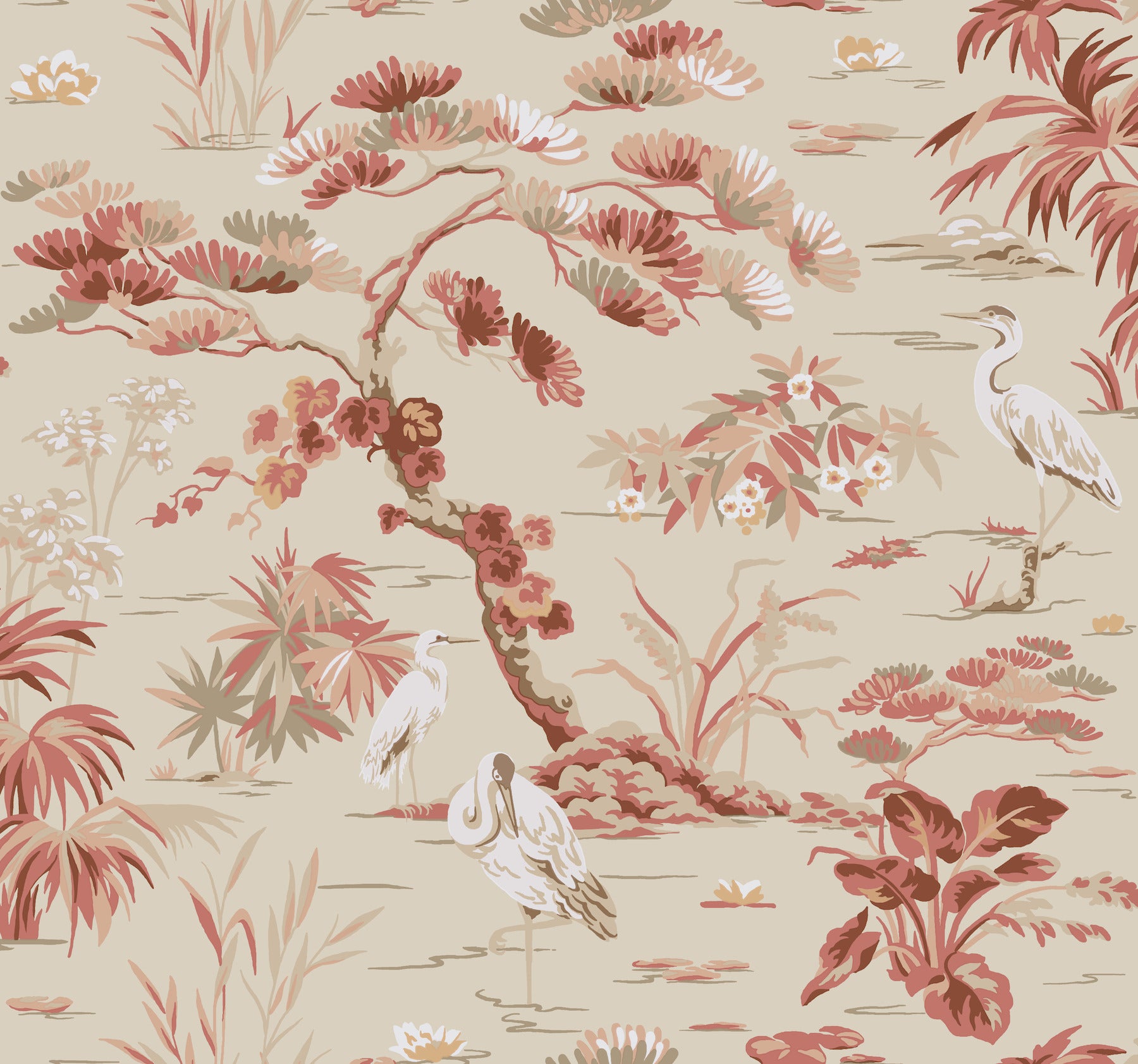 Beige wallpaper featuring pink, red and cream foliage with graceful cranes in a Chinese-style garden print.