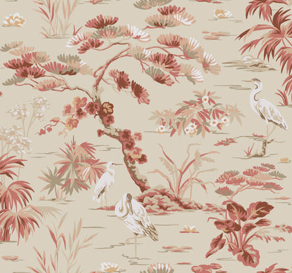 Beige wallpaper featuring pink, red and cream foliage with graceful cranes in a Chinese-style garden print.