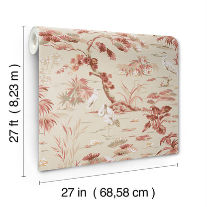 Beige chinoiserie wallpaper with pink-red flora, branches and birds; rolled sheet, decorative wall covering, 27 in wide.