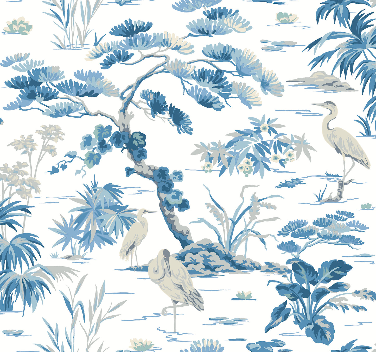 York Wallcoverings Classics Bridgewater White Wallpaper Traditional Botanical Blues   - GT4533
