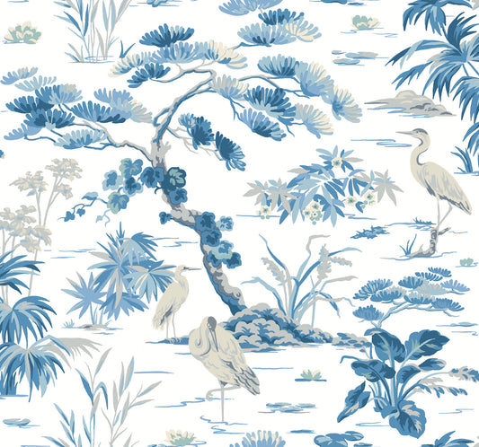York Wallcoverings Classics Bridgewater White Wallpaper Traditional Botanical Blues   - GT4533